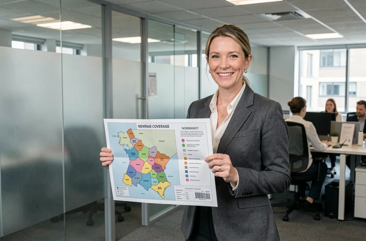 Une conseillère d'ACE Crédit Normandie présente une carte de couverture multi-départements en Normandie