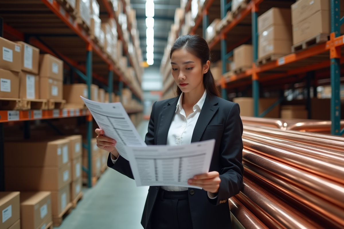 Jeune femme acheteuse inspectant des barres de cuivre dans un entrepôt