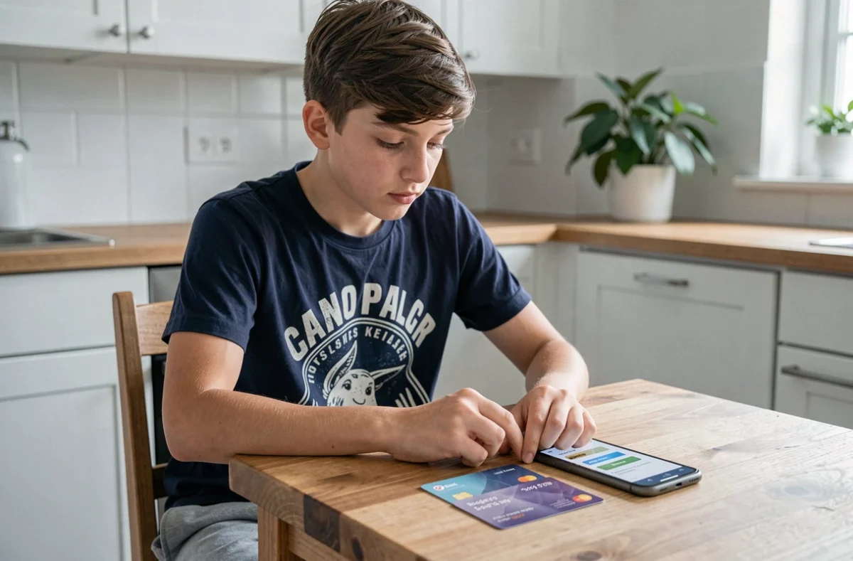 Ado comparant des cartes bancaires Pixpay Revolut et Kard sur smartphone à la maison