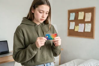 Adolescente tenant une carte bancaire prépayée pour ado, comparaison Pixpay Revolut Kard