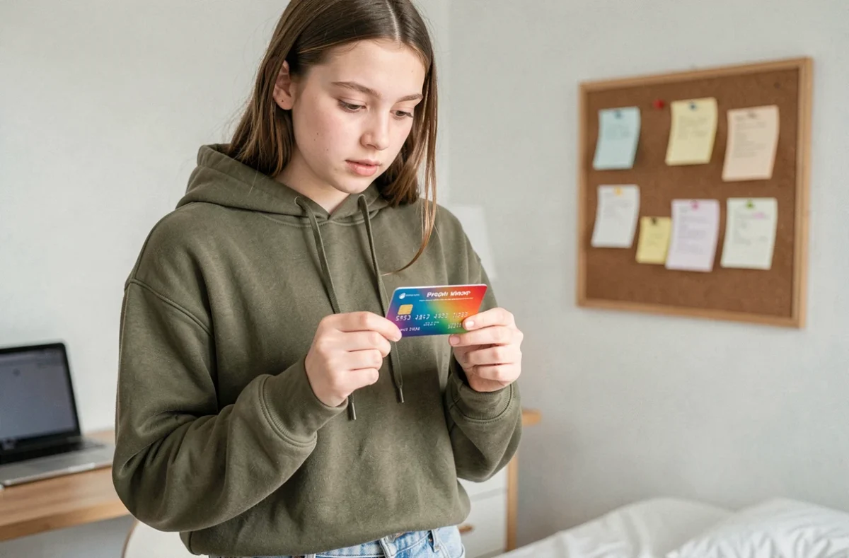 Adolescente tenant une carte bancaire prépayée pour ado, comparaison Pixpay Revolut Kard