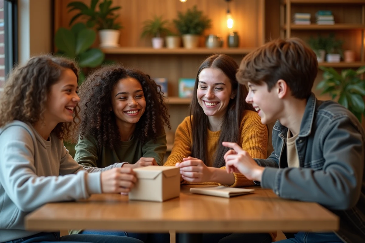 Groupe d adolescents discutant et riant dans un caf&eacute; chaleureux