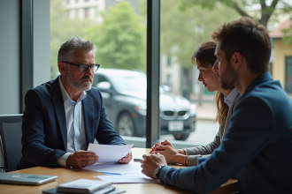 Agent assurance en costume avec couple en discussion