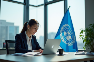 Agent de l'ONU au bureau avec drapeau en arrière-plan