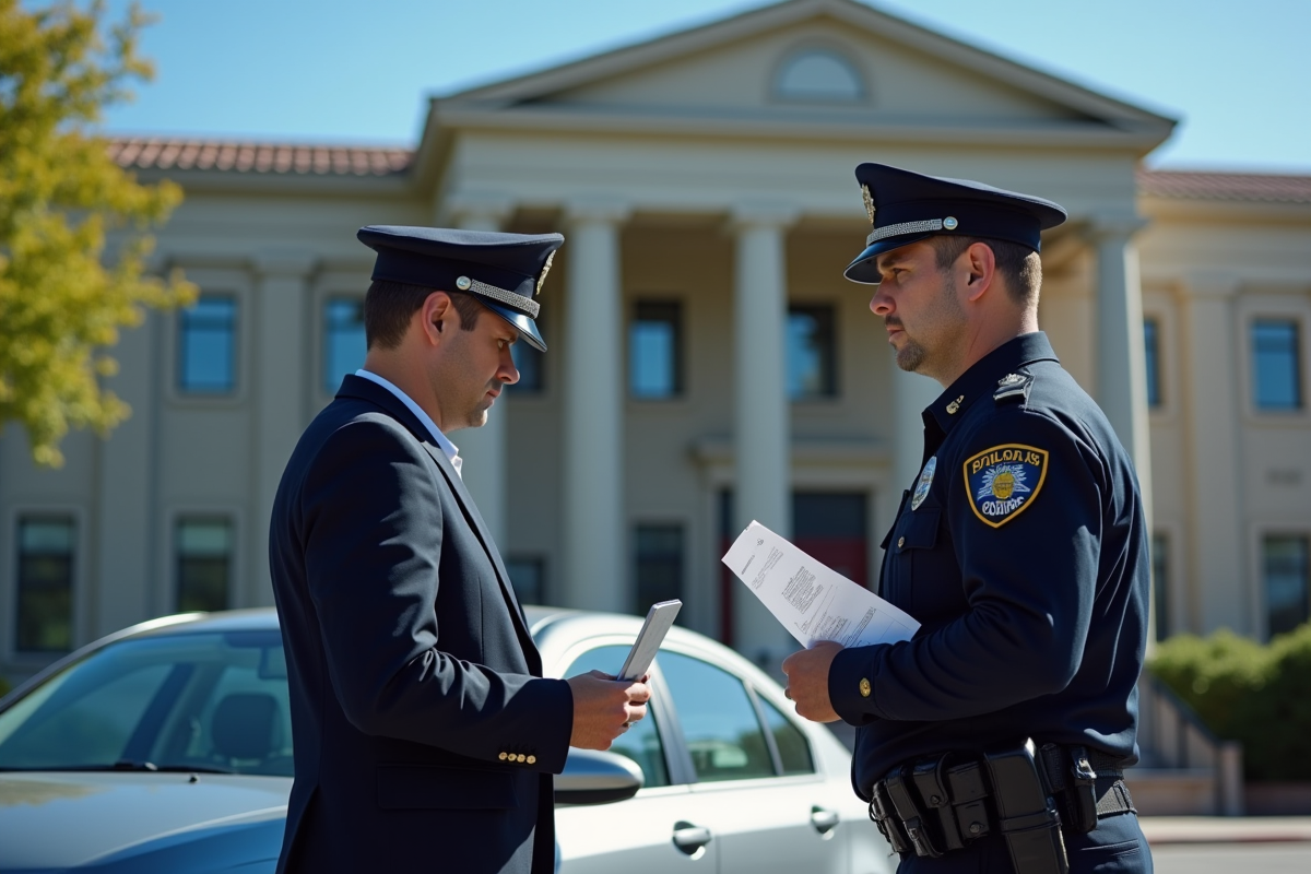 Agent de police et civil examinant un rapport devant un tribunal