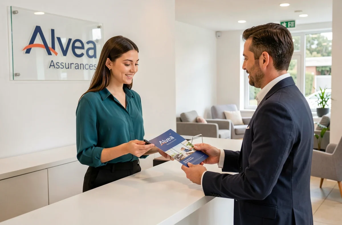 Conseillère Alvea Assurances présentant une offre à un client dans son agence du Bas-Rhin