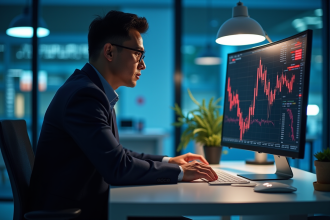 Personne analysant un graphique boursier sur un ordinateur lumineux