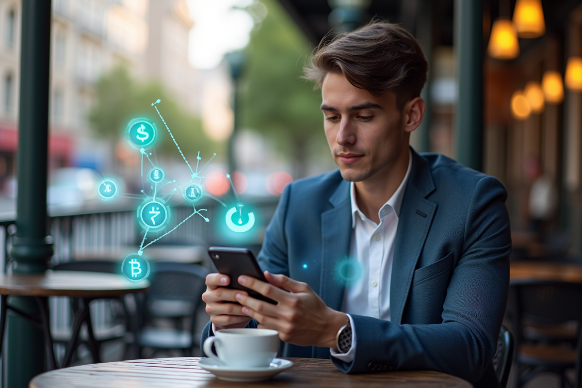 Jeune professionnel analysant graphiques crypto sur smartphone au café
