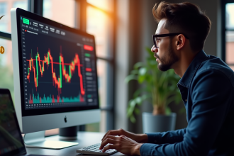 Personne analysant graphiques crypto colorés sur un écran