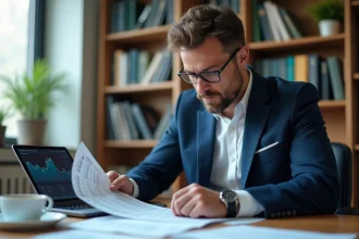 Homme analysant des relevés financiers et des graphiques boursiers sur tablette pour optimiser son PEA en 2026