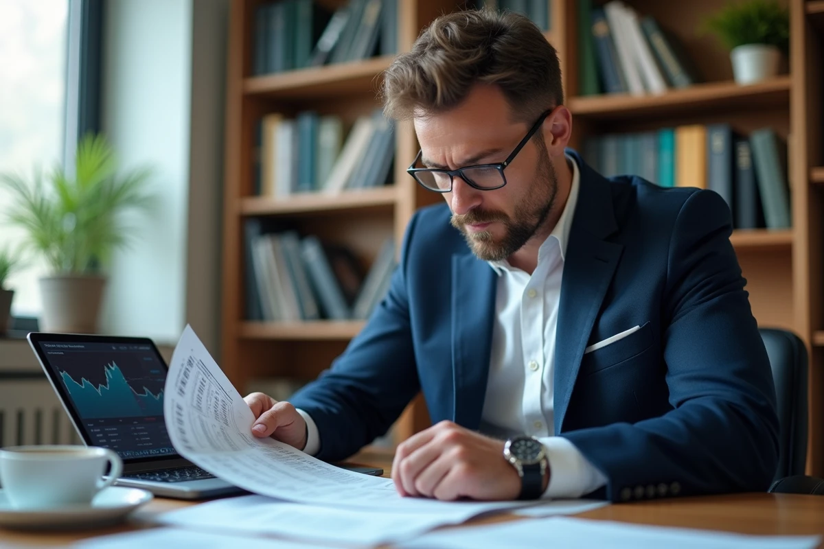 Homme analysant des relevés financiers et des graphiques boursiers sur tablette pour optimiser son PEA en 2026
