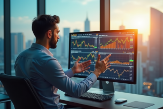 Analyste financier moderne examine graphiques Bitcoin dans un bureau lumineux