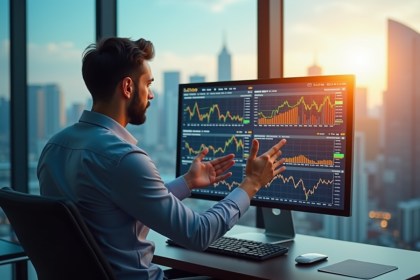 Analyste financier moderne examine graphiques Bitcoin dans un bureau lumineux