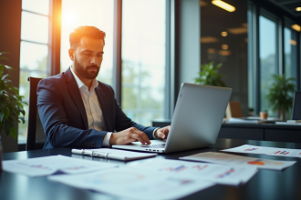 Analyste financier travaillant sur un ordinateur portable dans un bureau lumineux