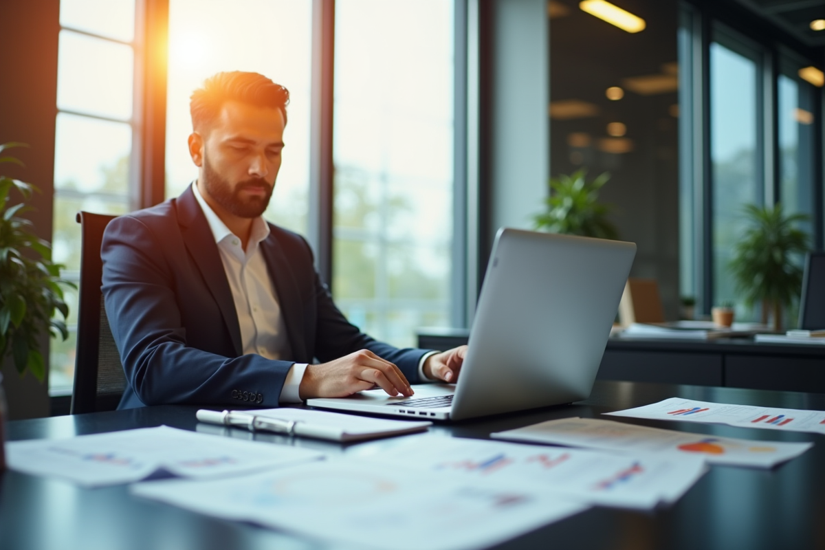 Analyste financier travaillant sur un ordinateur portable dans un bureau lumineux