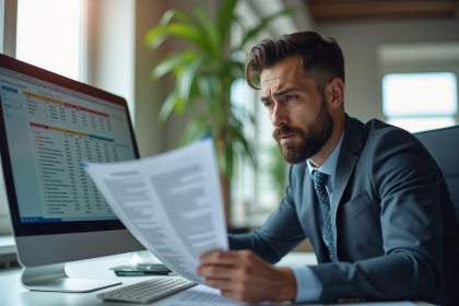 Professionnel d'affaires analysant un bilan financier négatif