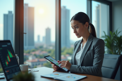 Femme d'affaires analysant graphiques financiers sur une tablette