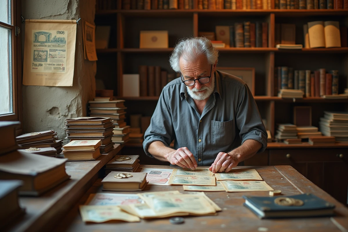 Antiquaire organisant une collection de billets de 1000 francs dans une boutique d'antiquités française