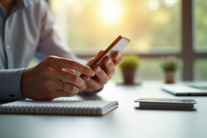 Personne appelant sa banque avec un smartphone sur un bureau lumineux