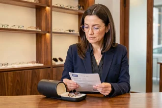 Femme élégante examinant des lunettes de luxe et un document d'assurance dans une boutique d'optique haut de gamme