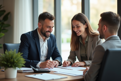 Banquier souriant expliquant un prêt immobilier à un couple