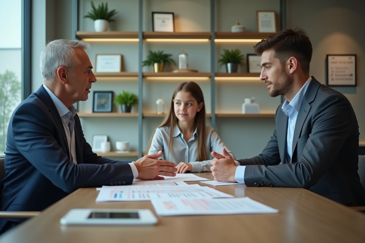 Banquier expliquant des documents &agrave; une famille dans une banque