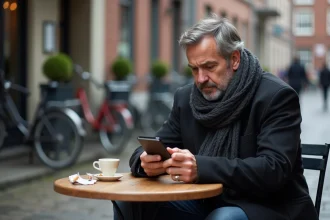 Homme belge assis au café avec smartphone et cigarette
