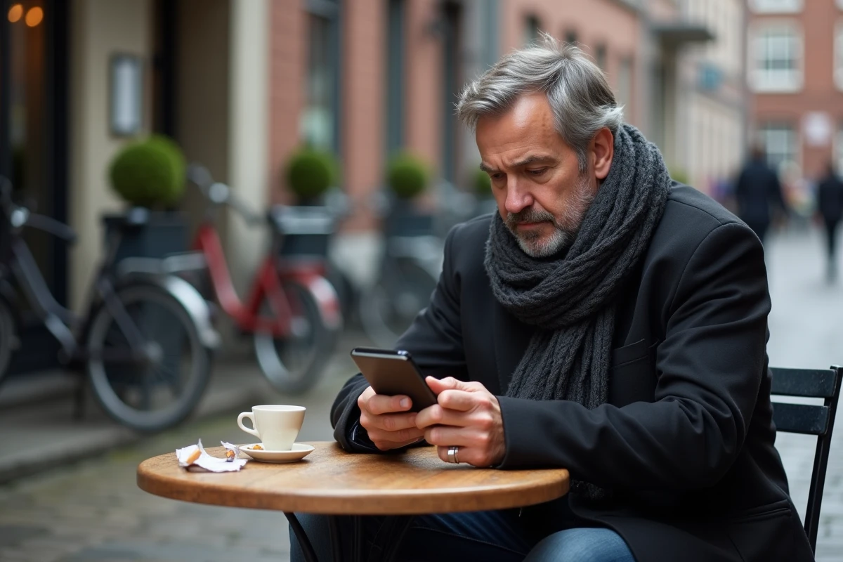 Homme belge assis au café avec smartphone et cigarette