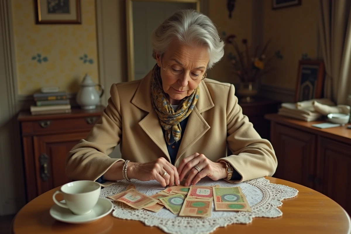 Femme tenant d'anciens billets de francs français sur une table en bois dans un appartement vintage des années 80