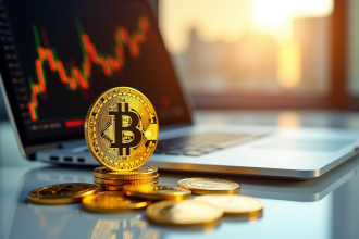 Pièce de Bitcoin dorée et Ethereum sur un bureau moderne avec graphique en hausse