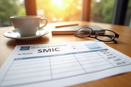 Fiche de paie française affichant le SMIC sur un bureau lumineux