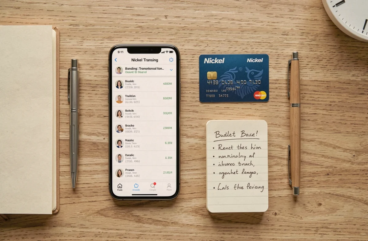 Vue de dessus d'un bureau avec carte Nickel, smartphone affichant un virement en attente et carnet de budget personnel