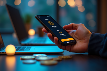 Bureau moderne avec smartphone affichant portefeuille crypto