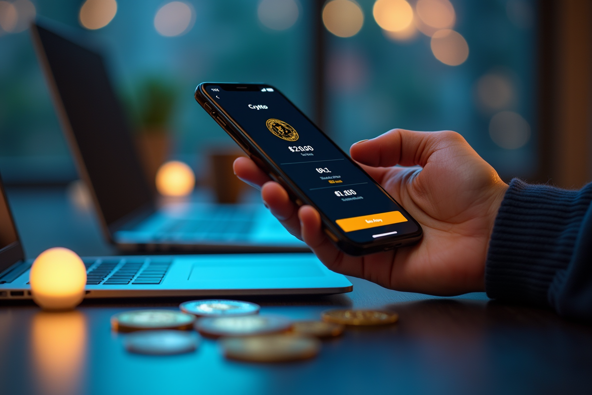 Bureau moderne avec smartphone affichant portefeuille crypto