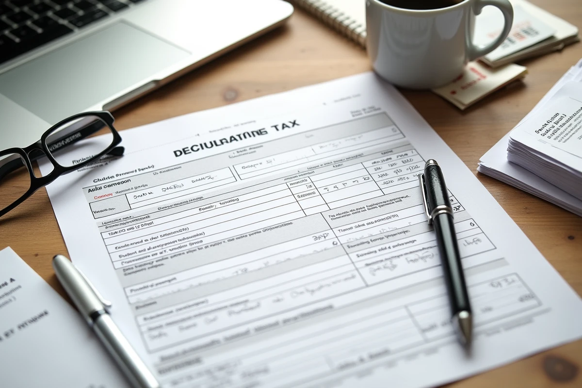 Vue de dessus d'un bureau avec formulaire de déclaration fiscale annoté, calculatrice et fiches de paie pour illustrer le calcul de l'impôt sur le revenu