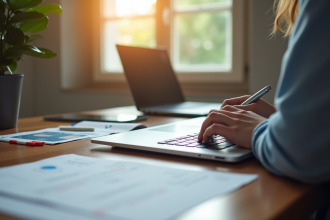 Personne au bureau remplissant un formulaire de changement d'adresse sur un ordinateur portable