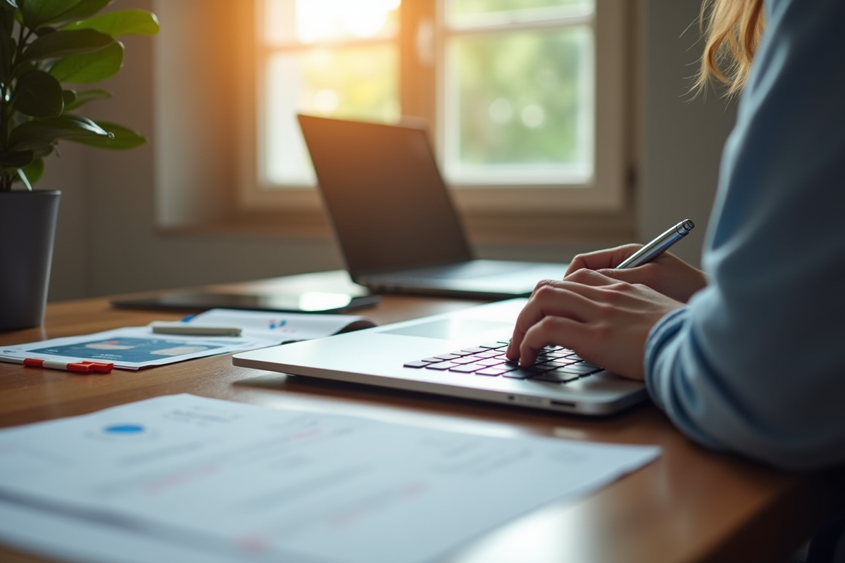 Personne au bureau remplissant un formulaire de changement d'adresse sur un ordinateur portable