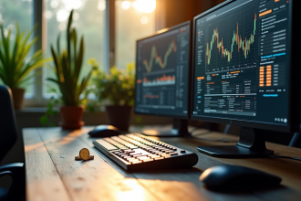 Bureau moderne avec écrans de minage bitcoin et pièce brillante