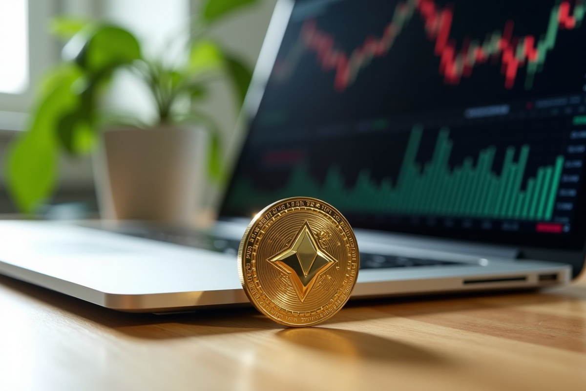 Coin Cardano en or avec ordinateur et plantes en lumière naturelle