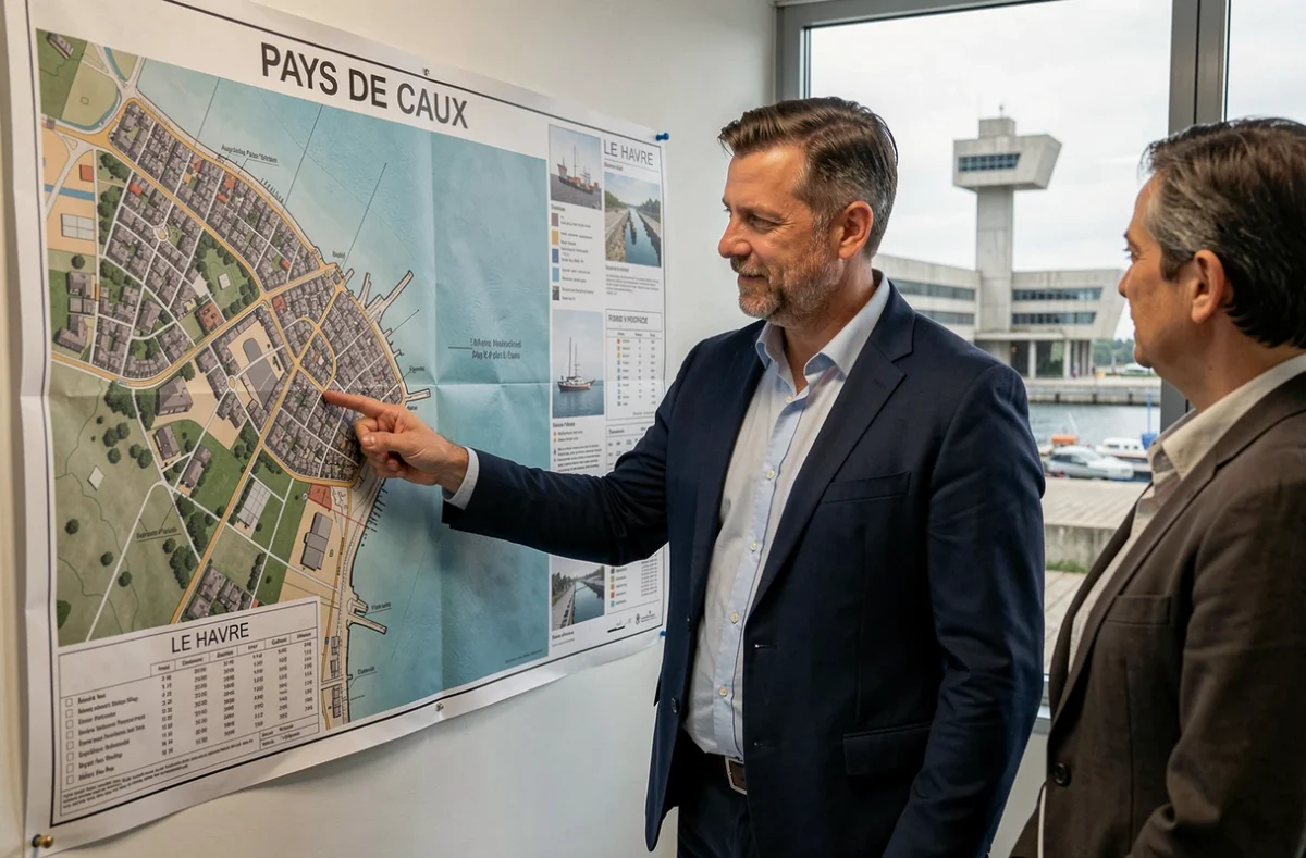 Un courtier de CAFPI Le Havre présente une carte immobilière du pays de Caux à des clients