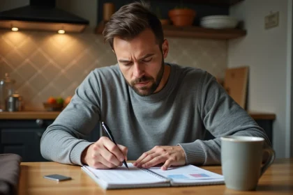 Homme calculant ses gains potentiels EuroMillions Étoile Plus avec un ticket de loterie et un carnet de notes à la main