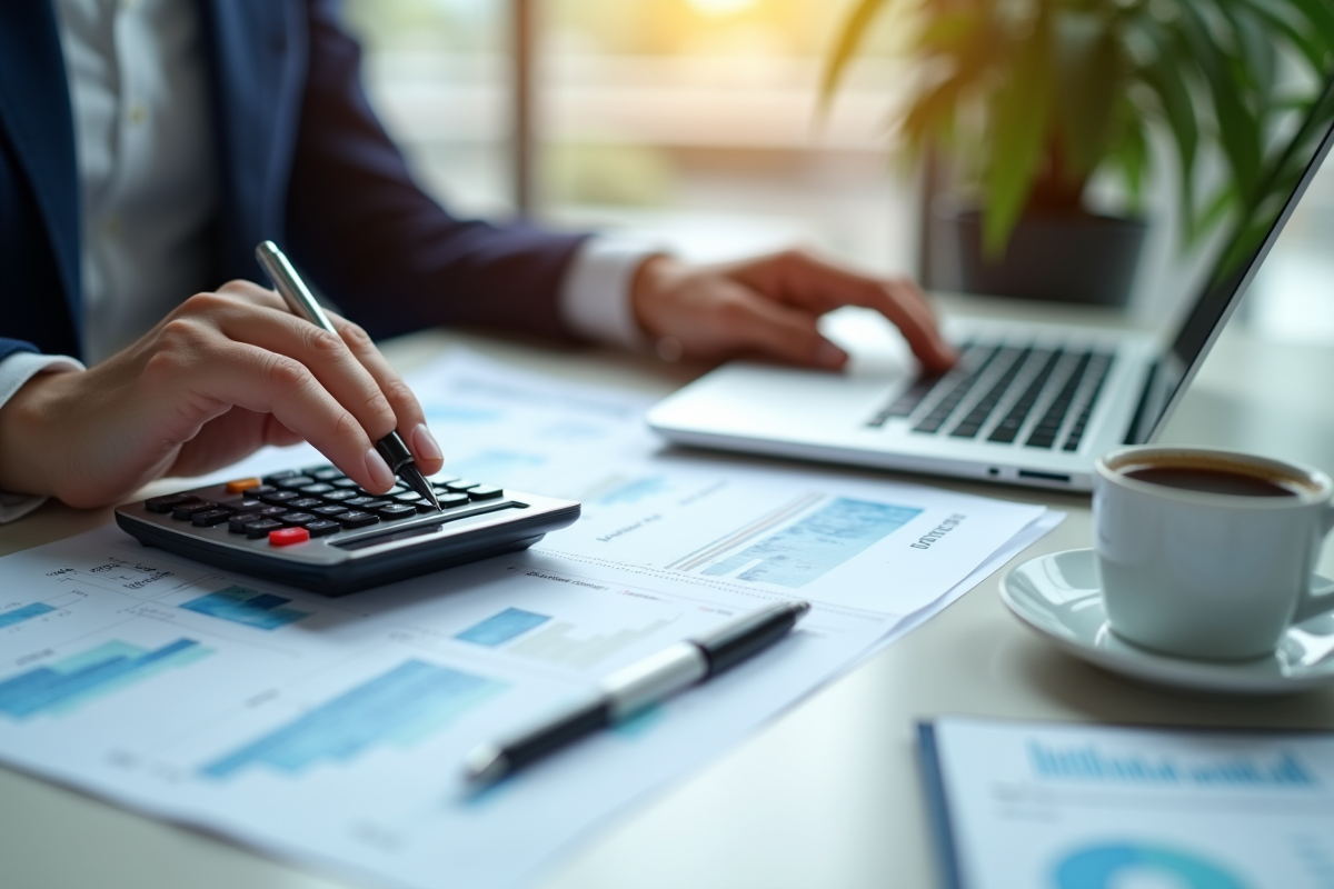 Mains utilisant calculatrice et documents financiers avec EBITDA