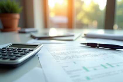 Calculatrice et contrat sur un bureau lumineux pour calcul financier