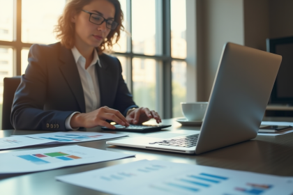 Professionnel calculant un bonus sur un ordinateur portable