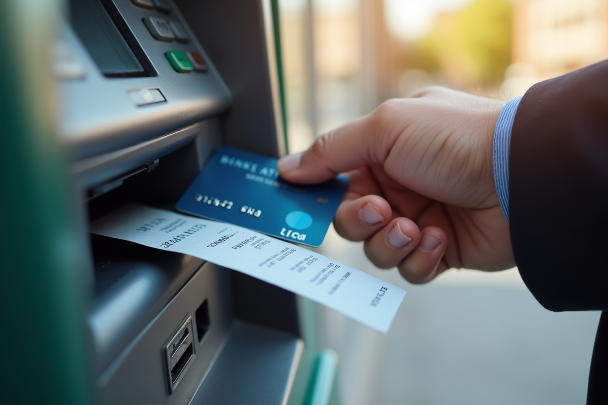 Main insérant une carte bancaire dans un ATM en ville