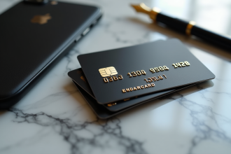 Carte de crédit noire élégante avec détails dorés sur une table en marbre