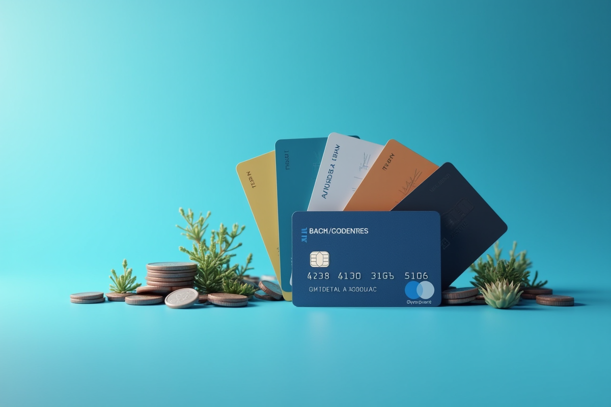 Cartes bancaires éparpillées avec pièces et plantes sur fond bleu