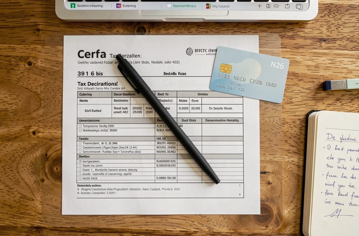 Vue de dessus du formulaire Cerfa 3916 bis posé sur un bureau avec une carte N26 et des notes manuscrites pour la déclaration de compte étranger