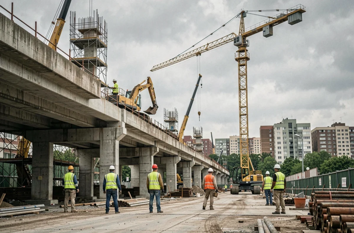 Chantier de construction d'infrastructure publique avec ouvriers et grues symbolisant la politique de relance budgétaire keynésienne