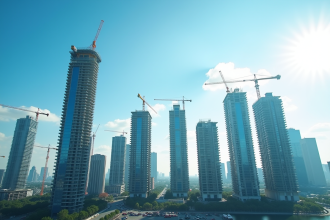 Silhouette urbaine moderne avec gratte-ciel en construction